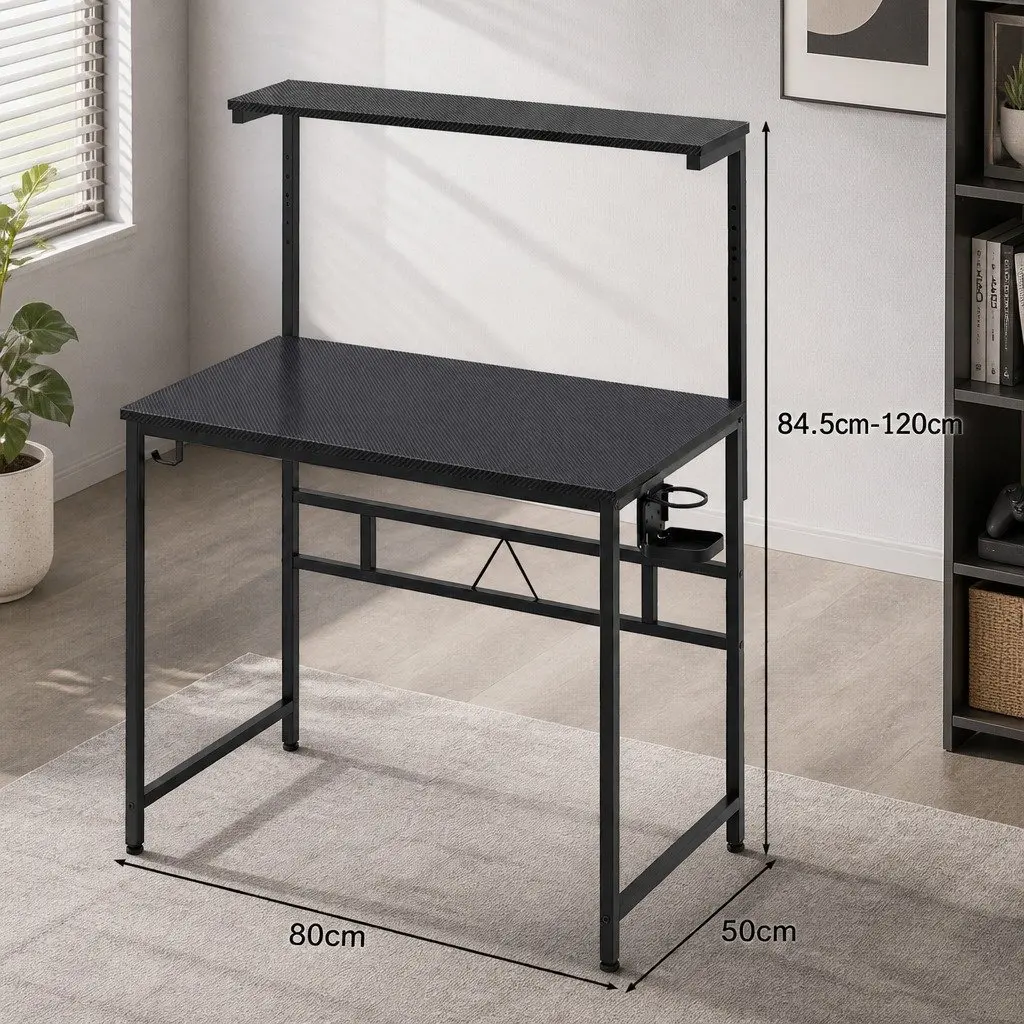 Gaming Computer Desk Adjustable Height 5-Level Monitor Stand Storage Shelf Headphone Hook 80cm x 50cm x 84.5cm-120cm Black