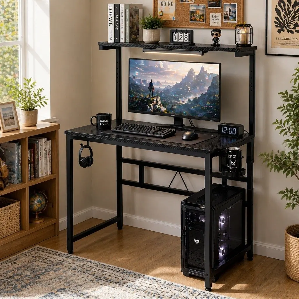 Gaming Computer Desk Adjustable Height 5-Level Monitor Stand Storage Shelf Headphone Hook 80cm x 50cm x 84.5cm-120cm Black