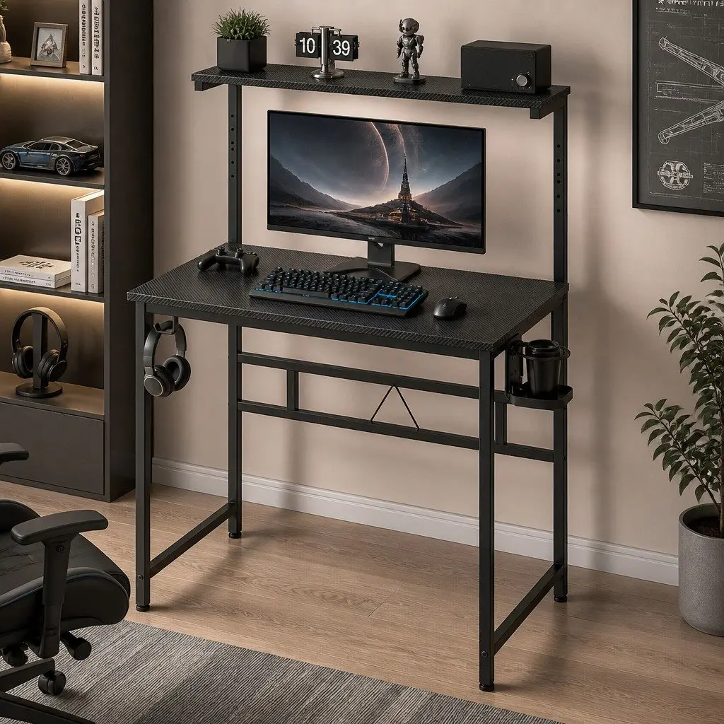 Gaming Computer Desk Adjustable Height 5-Level Monitor Stand Storage Shelf Headphone Hook 80cm x 50cm x 84.5cm-120cm Black