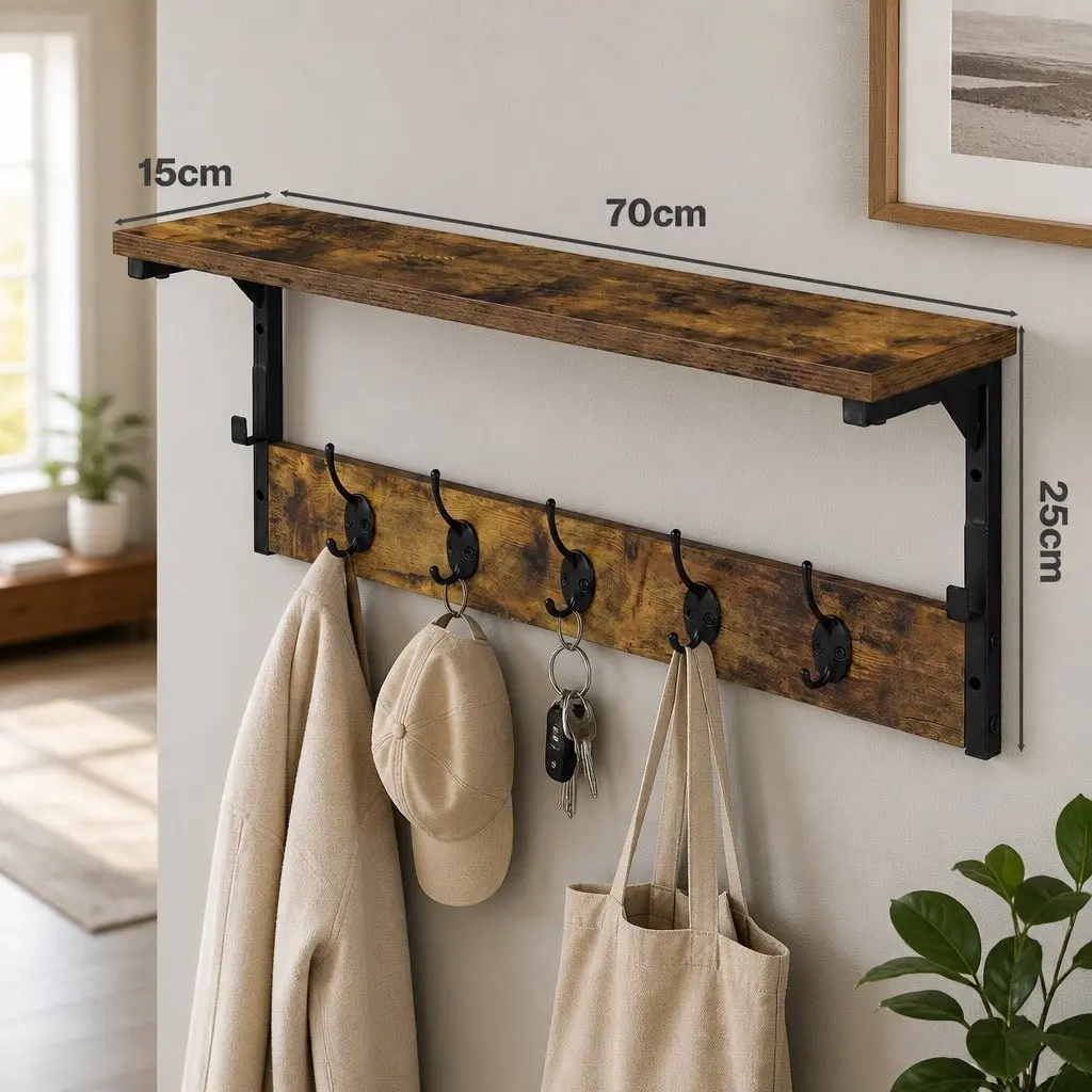 Wall-Mounted Coat Rack with 7 Hooks and Shelf