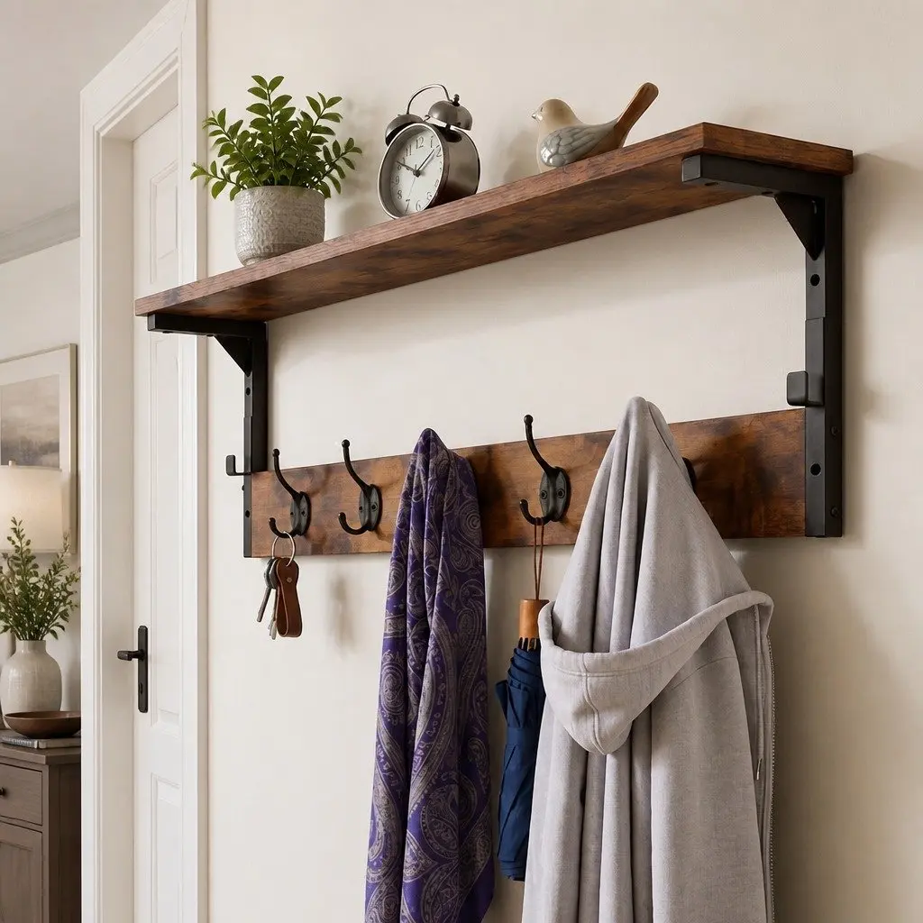 Wall-Mounted Coat Rack with 7 Hooks and Shelf