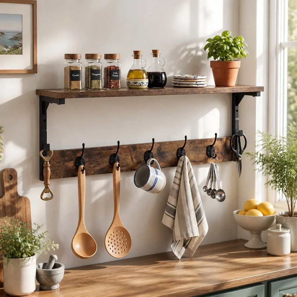 Wall-Mounted Coat Rack with 7 Hooks and Shelf