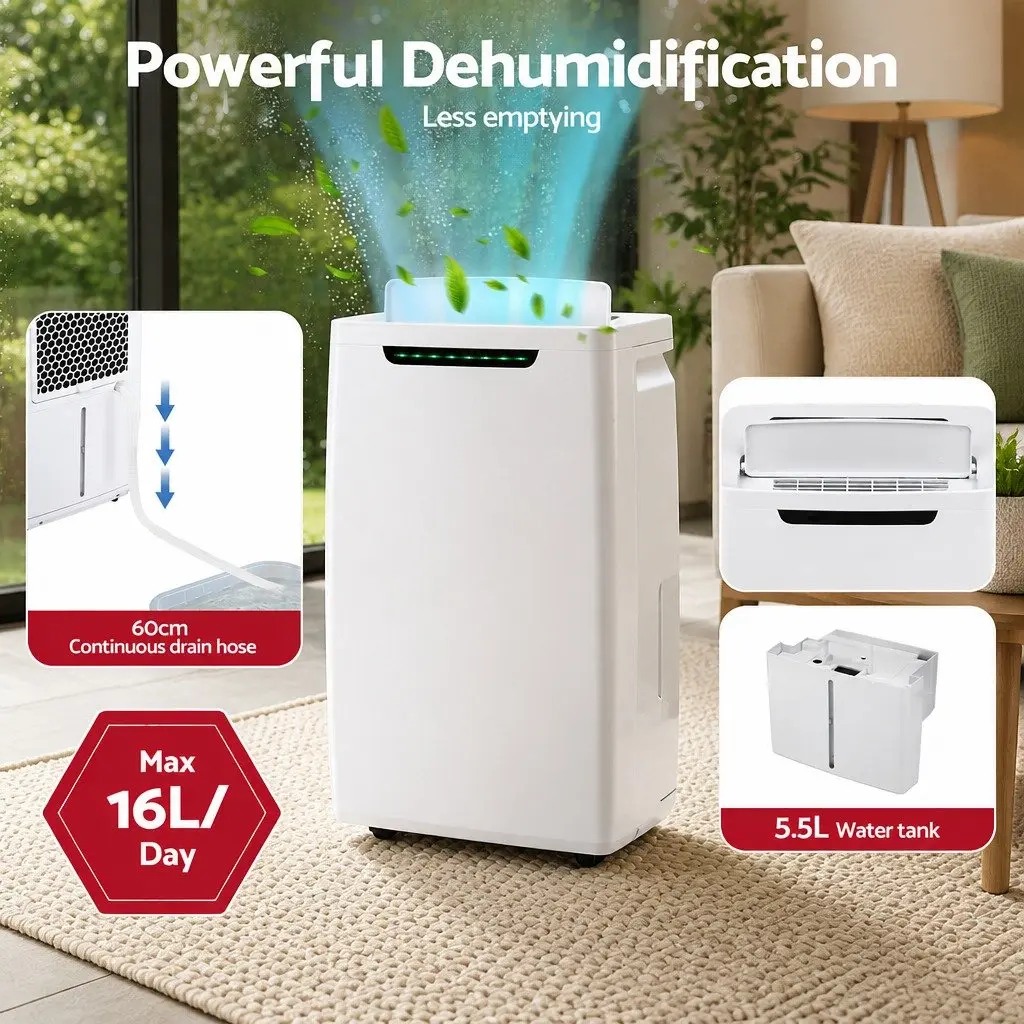 Portable Dehumidifier Air Moisture Absorber 5.5L Tank 16L per Day White