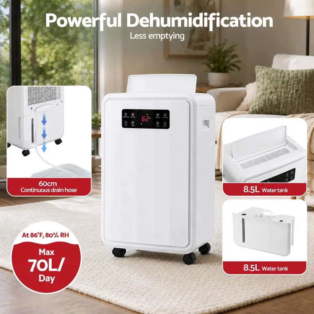Dehumidifier 70L/Day Moisture Absorber 8.5L Water Tank Large Space White