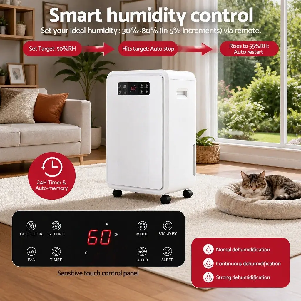 Dehumidifier 70L/Day Moisture Absorber 8.5L Water Tank Large Space White