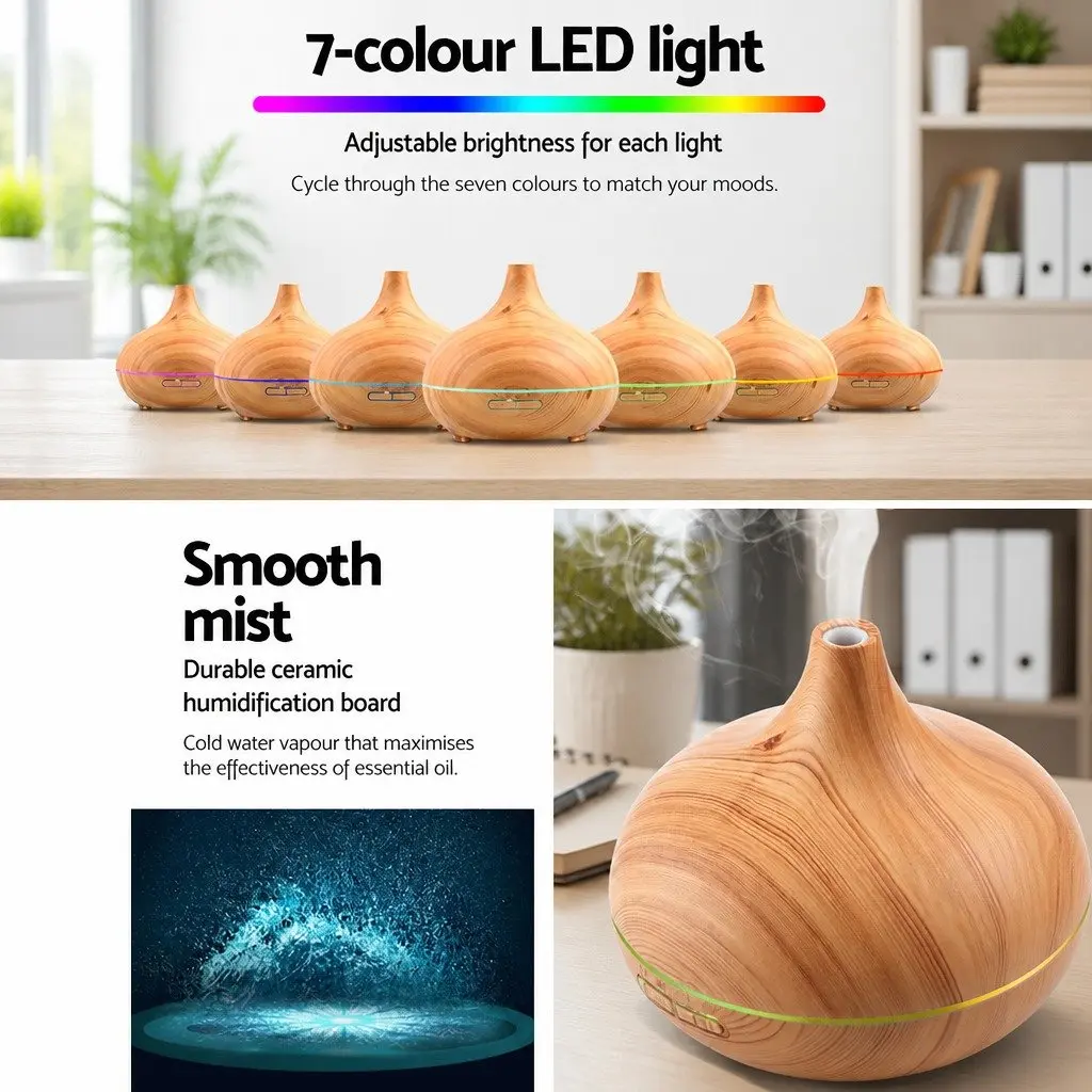 Ultrasonic Aroma Diffuser Humidifier 300ml Light Wood 4 in 1 Night Light Aromatherapy