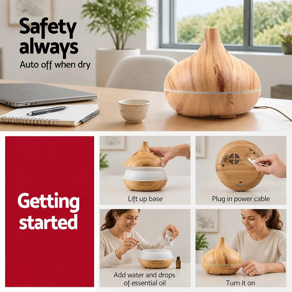 Ultrasonic Aroma Diffuser Humidifier 300ml Light Wood 4 in 1 Night Light Aromatherapy