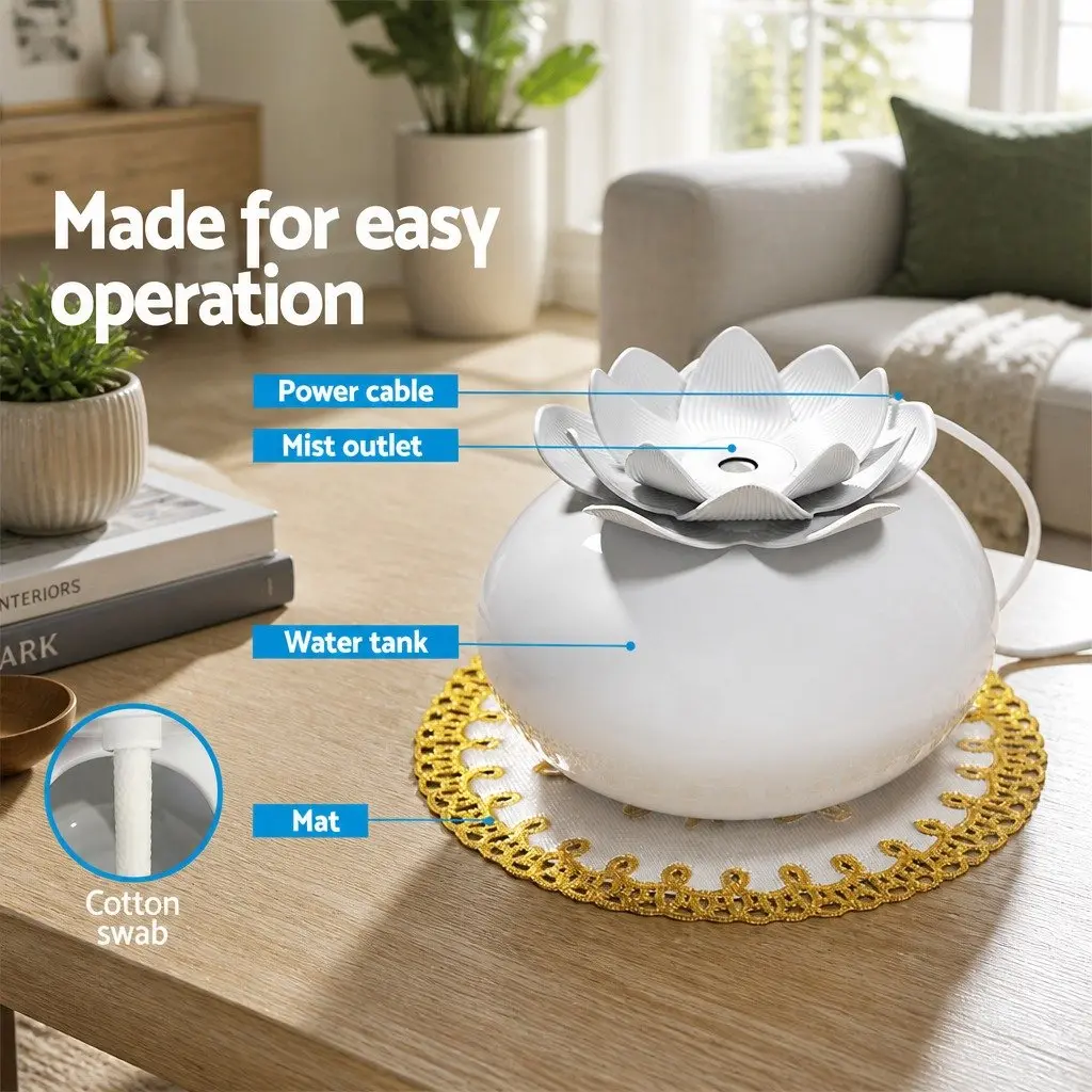 Aroma Diffuser Ultrasonic Humidifier 200ml Lotus Ceramic White