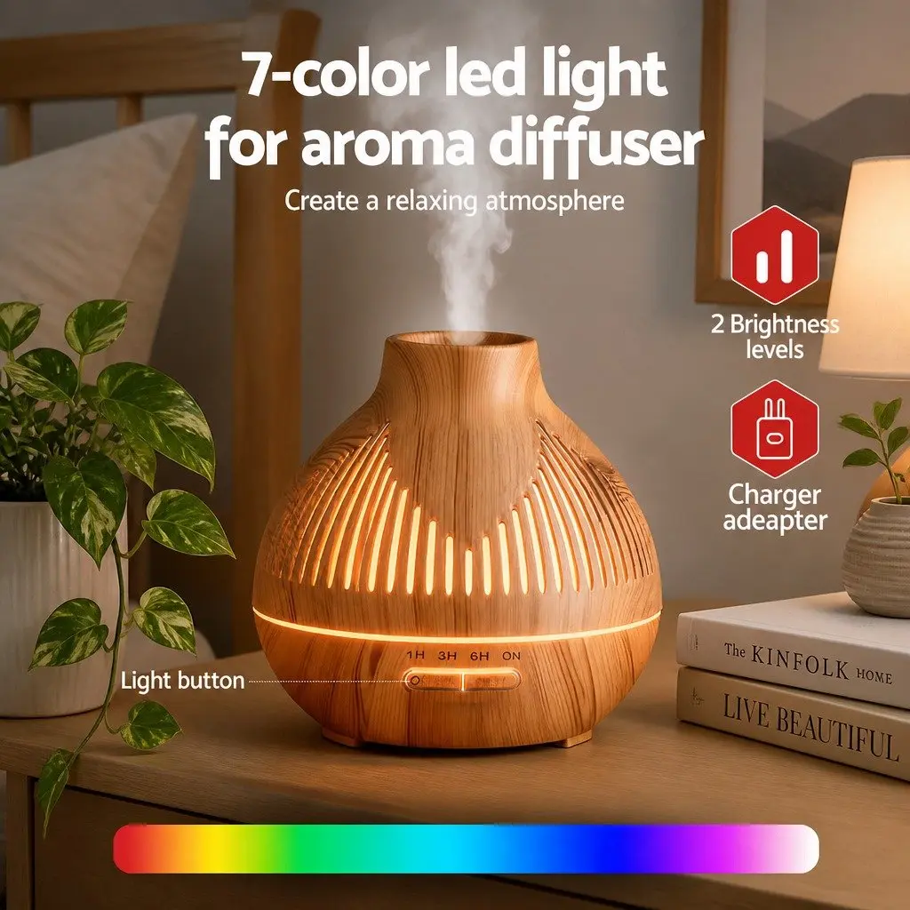 Aroma Diffuser 400ml Essential Oil Humidifier Light Wood Grain 7 LED Colours