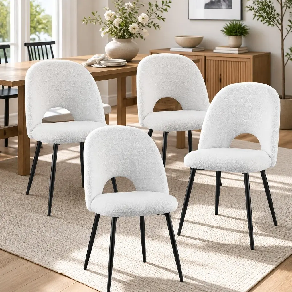 Dining Chair Set of 4 White Boucle Sherpa Fabric Kitchen Seats Curved Backrest