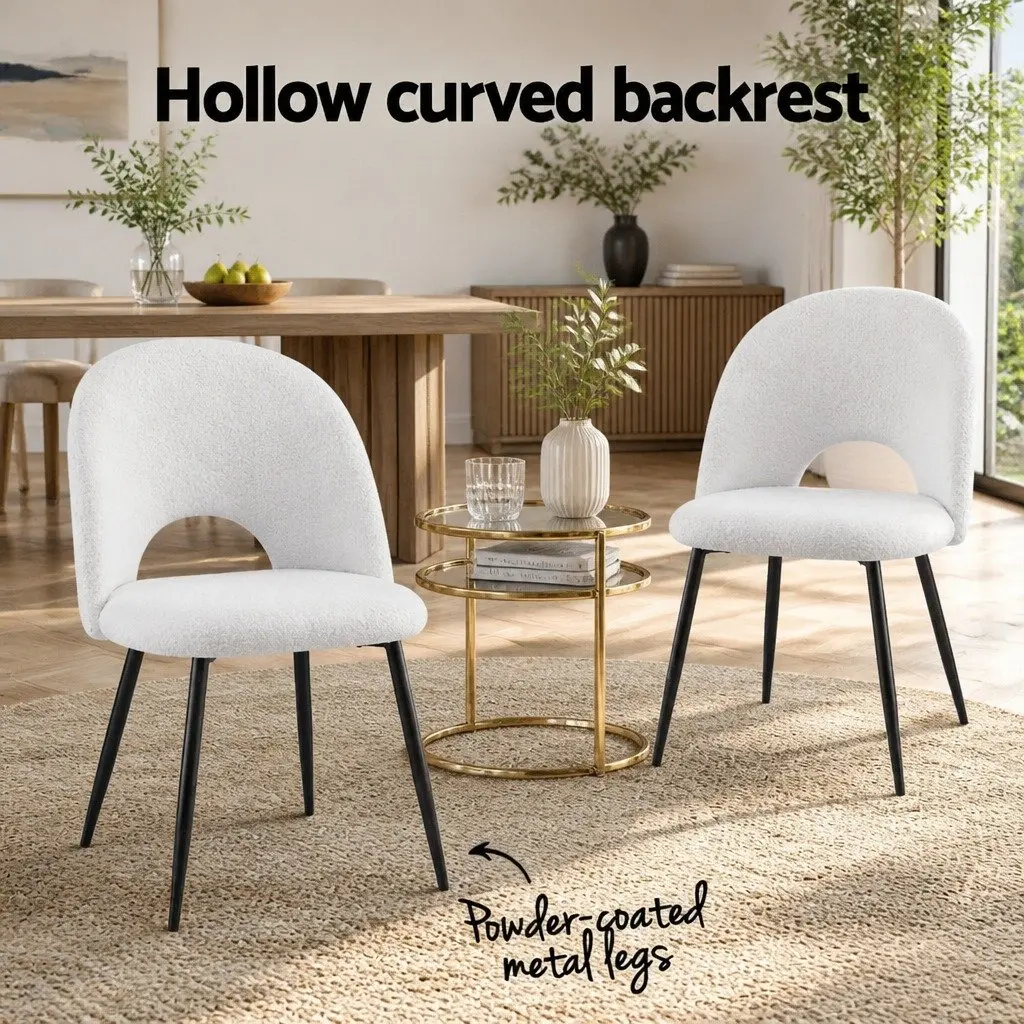 Dining Chair Set of 4 White Boucle Sherpa Fabric Kitchen Seats Curved Backrest