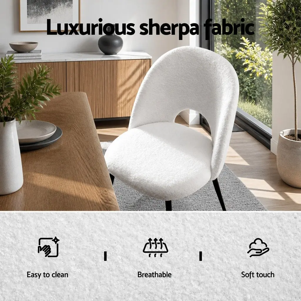 Dining Chair Set of 4 White Boucle Sherpa Fabric Kitchen Seats Curved Backrest
