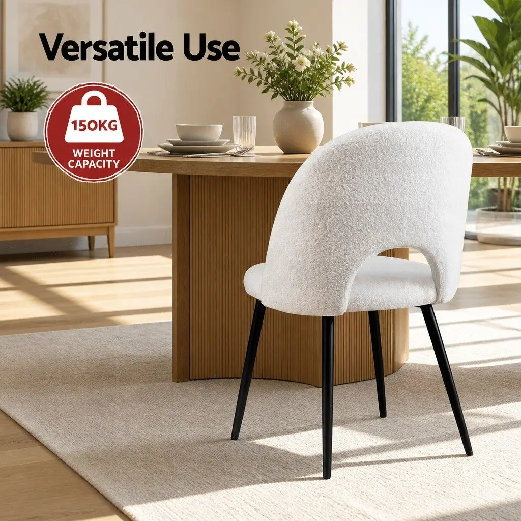 Dining Chair Set of 4 White Boucle Sherpa Fabric Kitchen Seats Curved Backrest