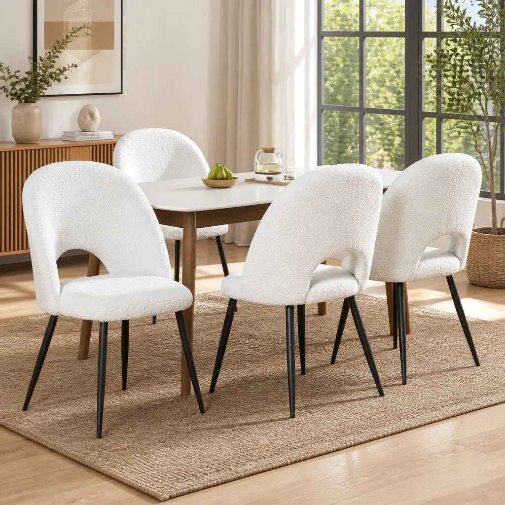 Dining Chair Set of 4 White Boucle Sherpa Fabric Kitchen Seats Curved Backrest