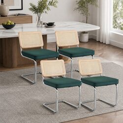 Dining Chairs Set of 4 Green Velvet Cantilever Rattan Backrest Kitchen Seating