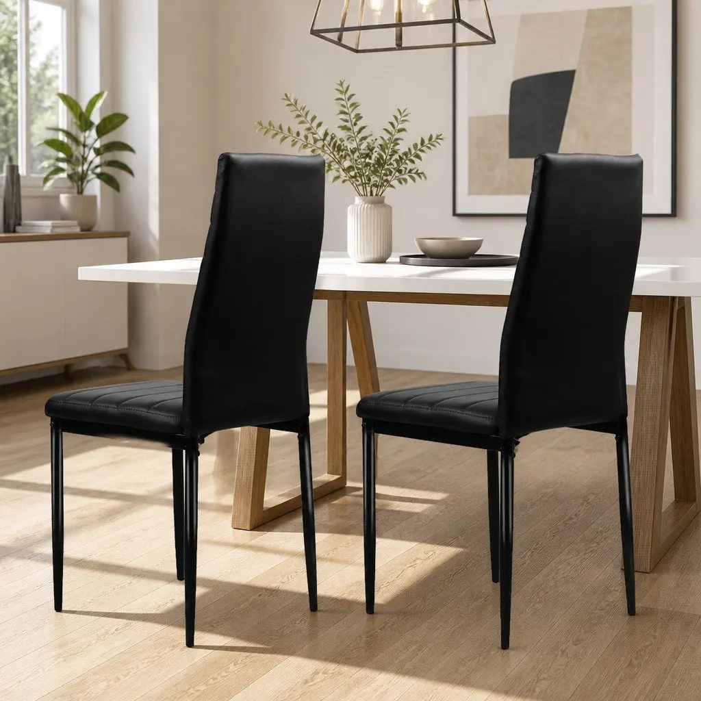 Dining Chairs Set of 4 Black PVC Leather Seat Metal Legs