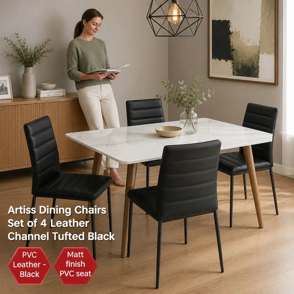 Dining Chairs Set of 4 Black PVC Leather Seat Metal Legs