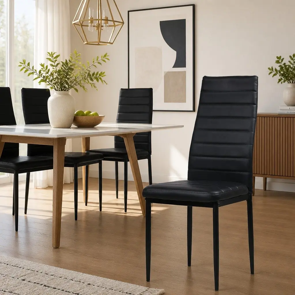 Dining Chairs Set of 4 Black PVC Leather Seat Metal Legs