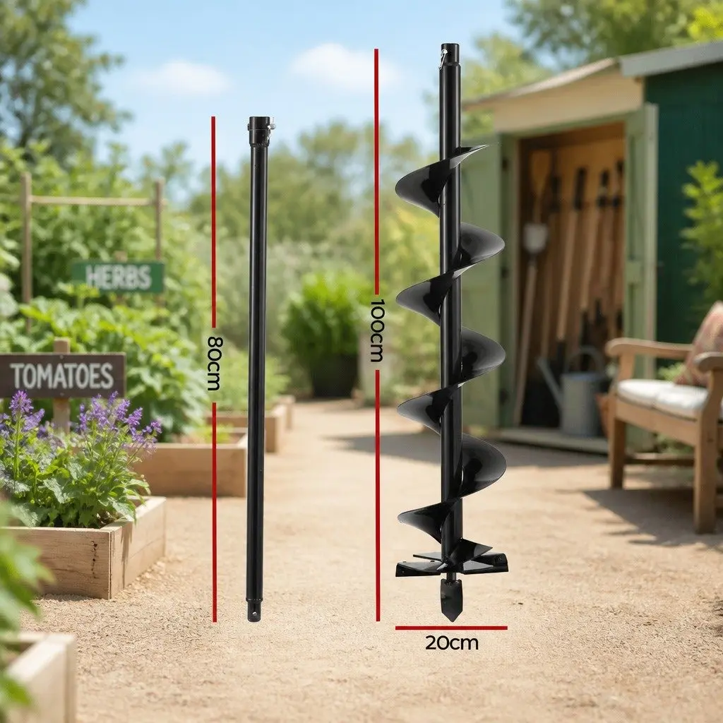 Post Hole Digger Auger Drill Bit 200mm for Garden Drilling and Soil Excavation with 80cm Extension Shaft Black