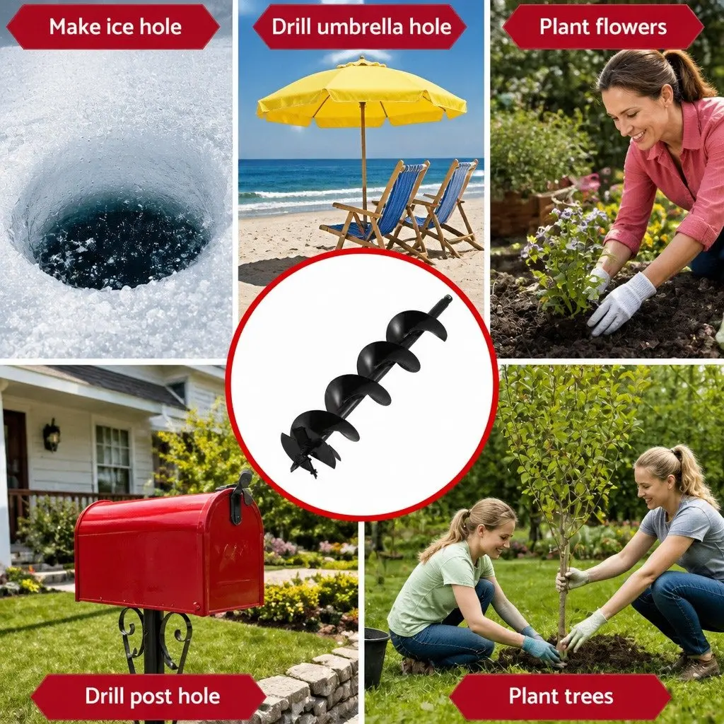 Post Hole Digger Auger Drill Bit 200mm for Garden Drilling and Soil Excavation with 80cm Extension Shaft Black