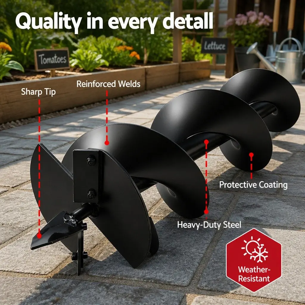Post Hole Digger Auger Drill Bit 200mm for Garden Drilling and Soil Excavation with 80cm Extension Shaft Black