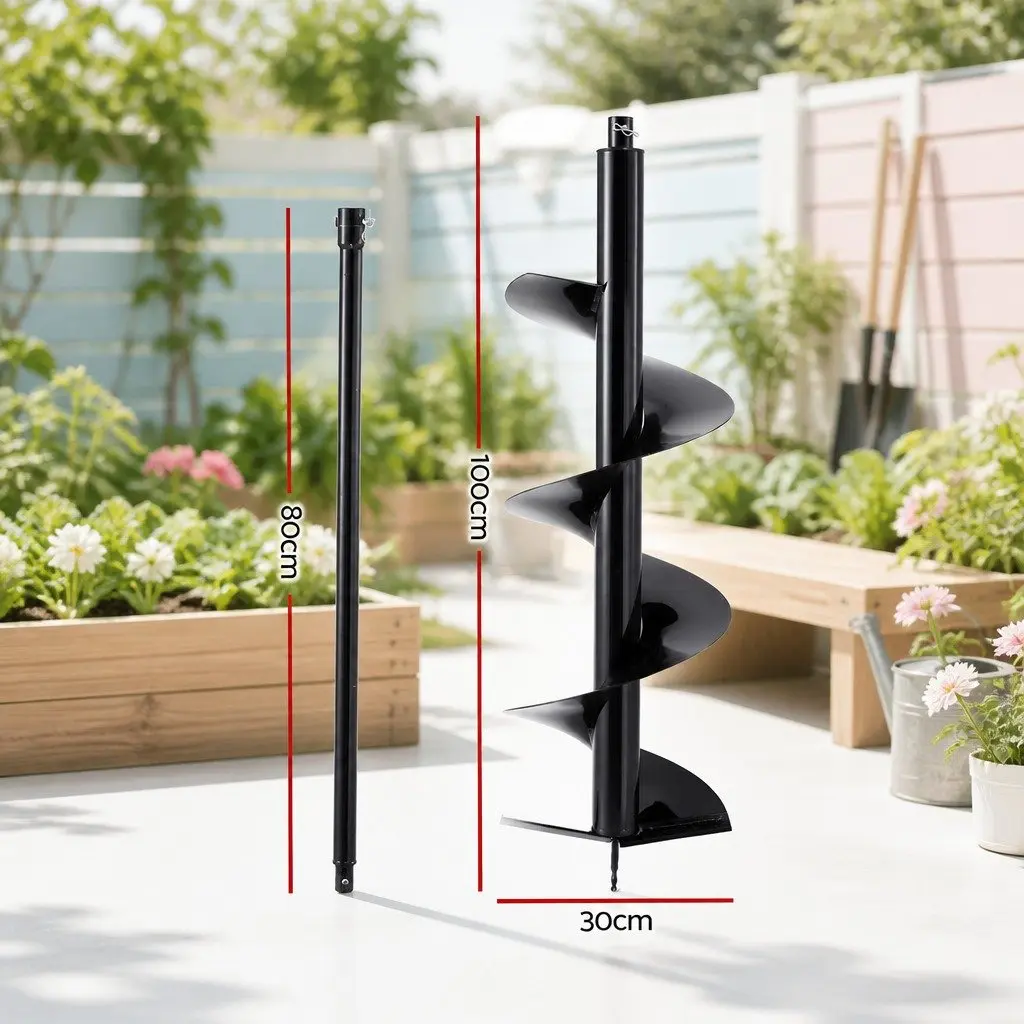 Post Hole Digger Auger Drill Bit 300mm for Garden with 80cm Extension Shaft Black