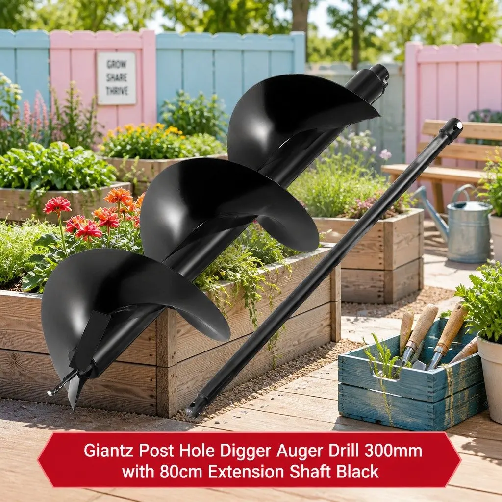 Post Hole Digger Auger Drill Bit 300mm for Garden with 80cm Extension Shaft Black