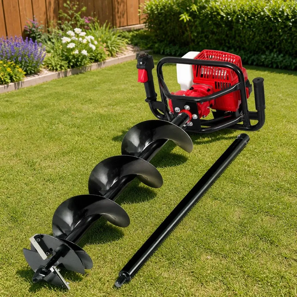 Post Hole Digger Petrol Auger 63cc 200mm Deep Digging Red Black