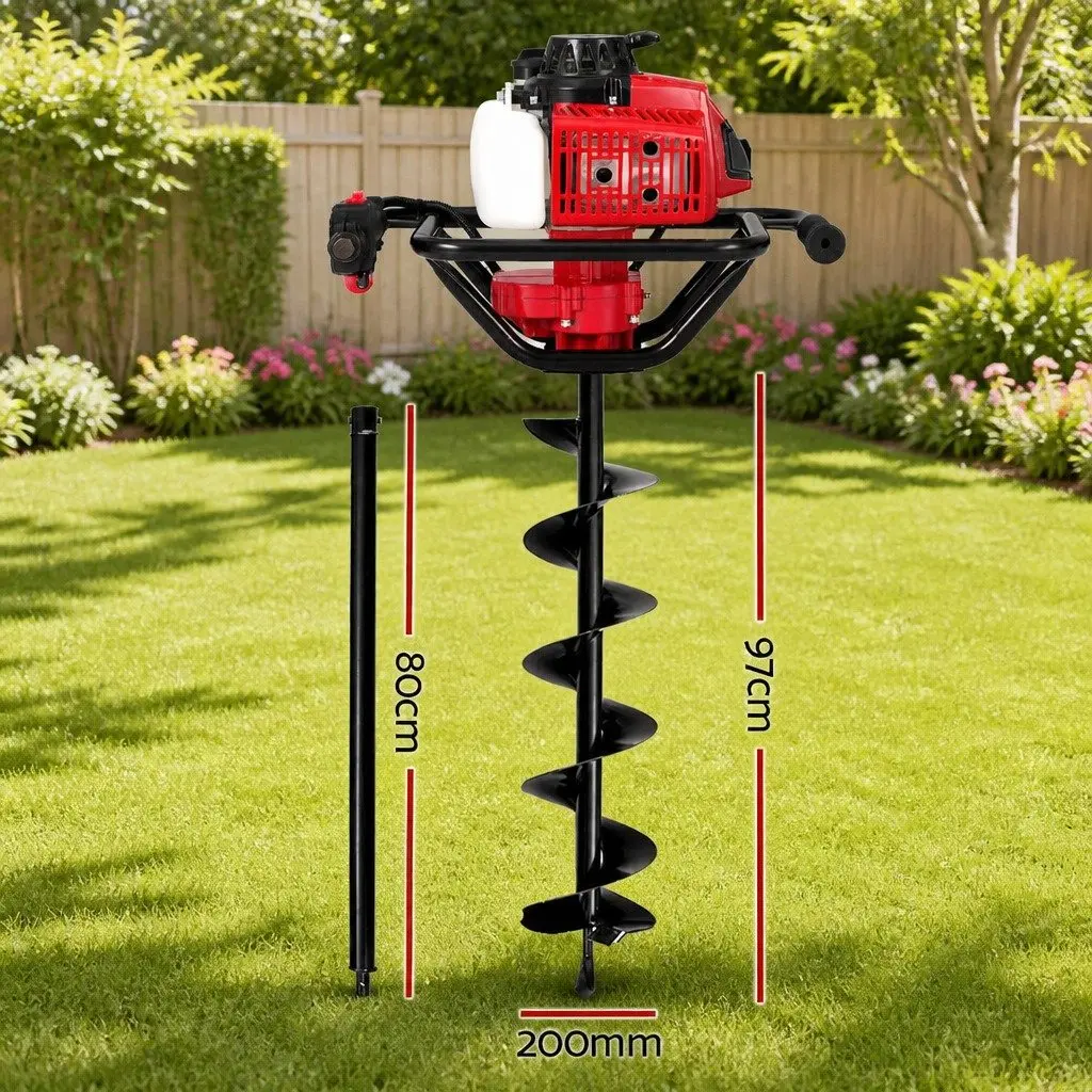 Post Hole Digger Petrol Auger 63cc 200mm Deep Digging Red Black