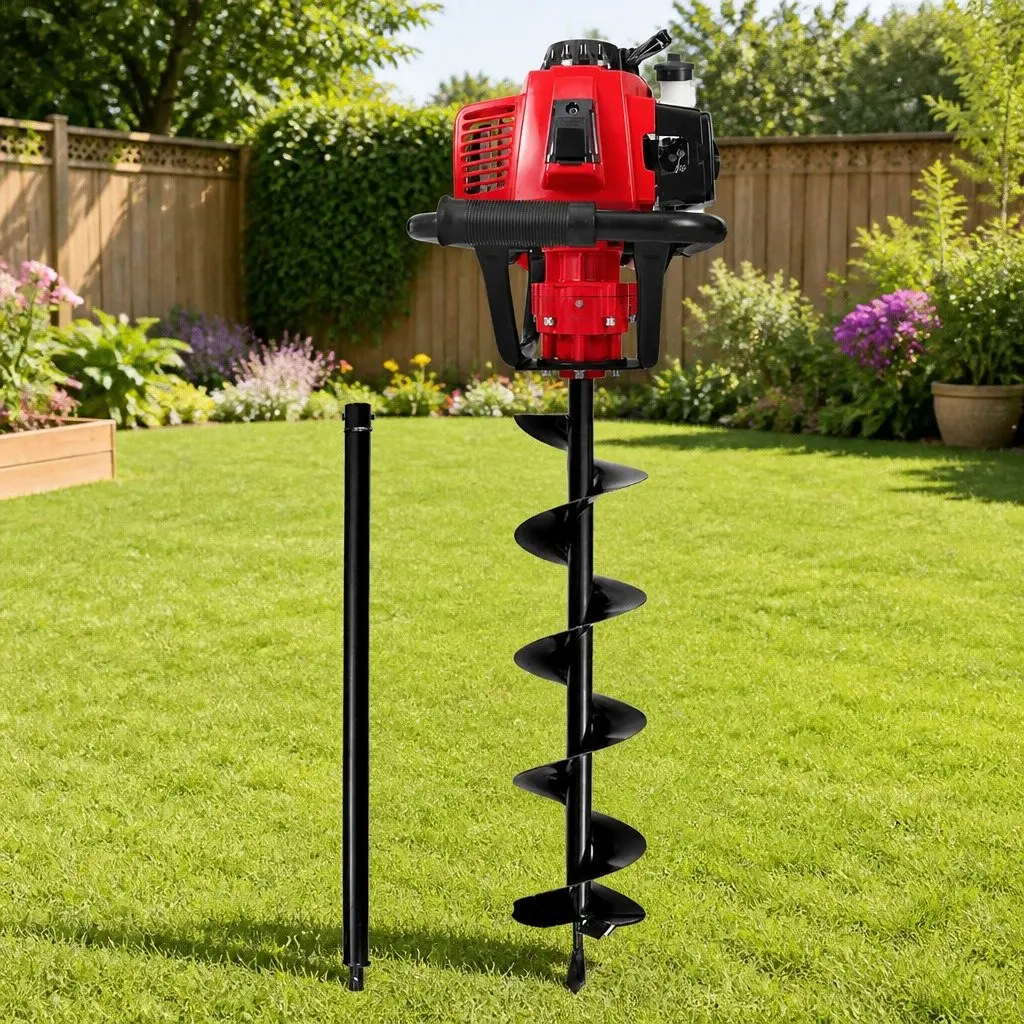 Post Hole Digger Petrol Auger 63cc 200mm Deep Digging Red Black