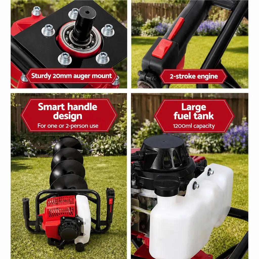 Post Hole Digger Petrol Auger 63cc 200mm Deep Digging Red Black