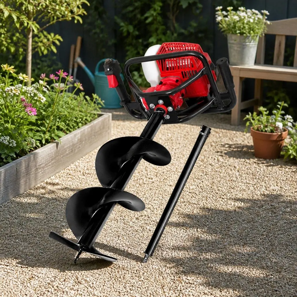 Post Hole Digger Petrol Power Auger 63cc 300mm Extension Red Black