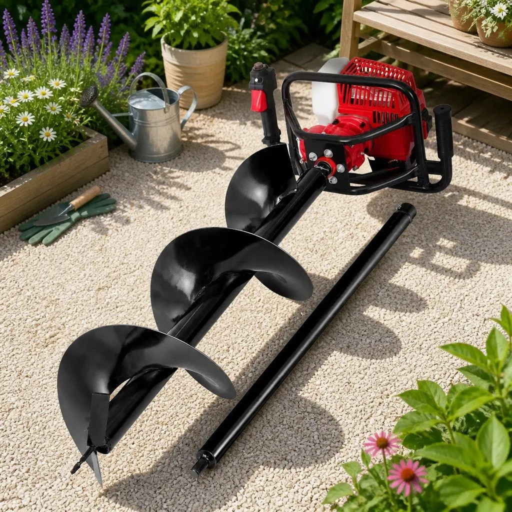 Post Hole Digger Petrol Power Auger 63cc 300mm Extension Red Black