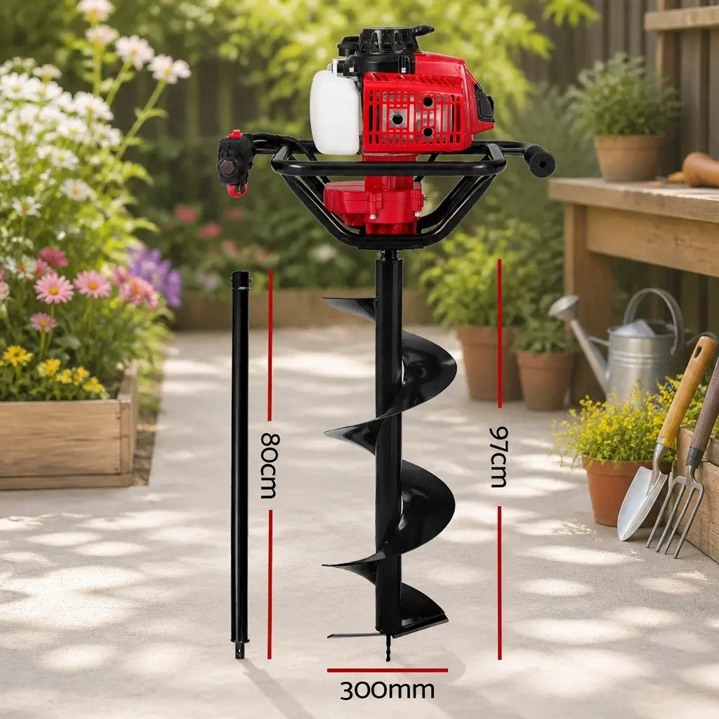 Post Hole Digger Petrol Power Auger 63cc 300mm Extension Red Black