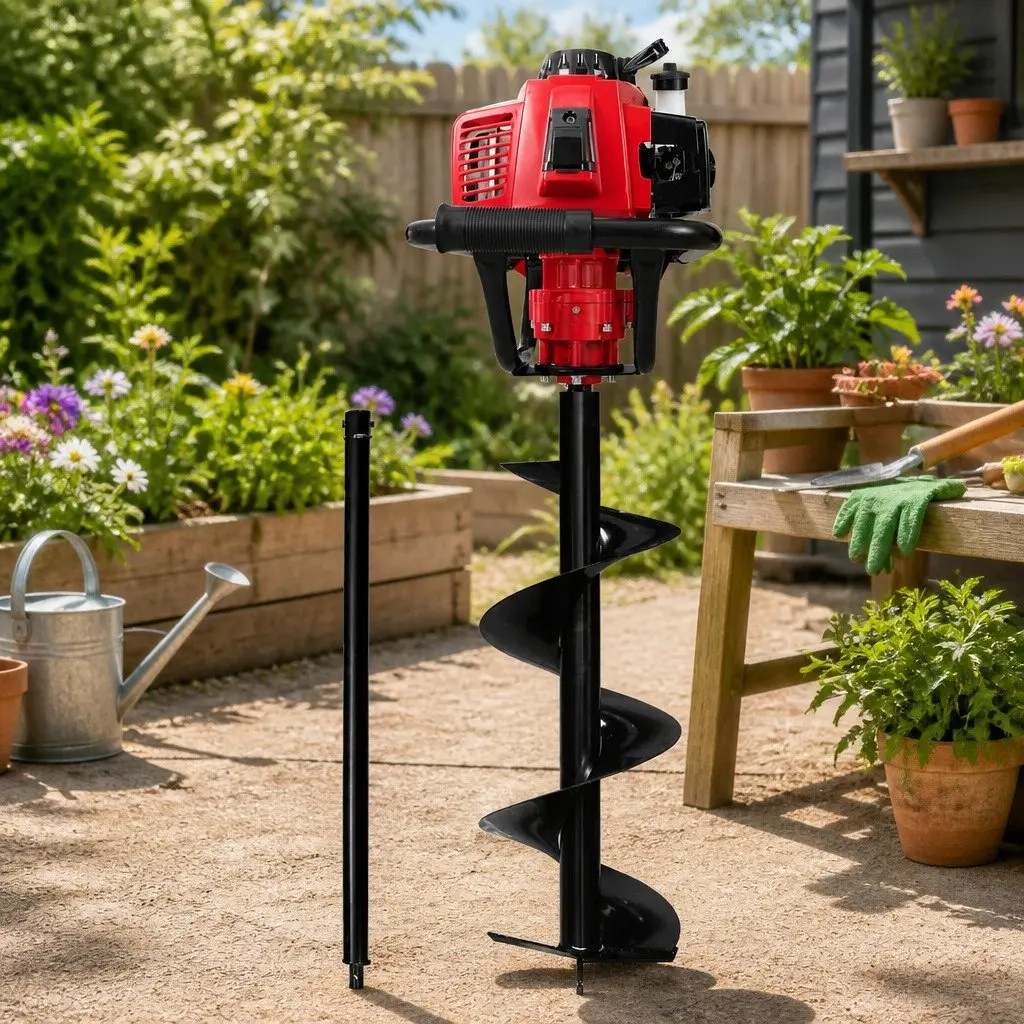 Post Hole Digger Petrol Power Auger 63cc 300mm Extension Red Black