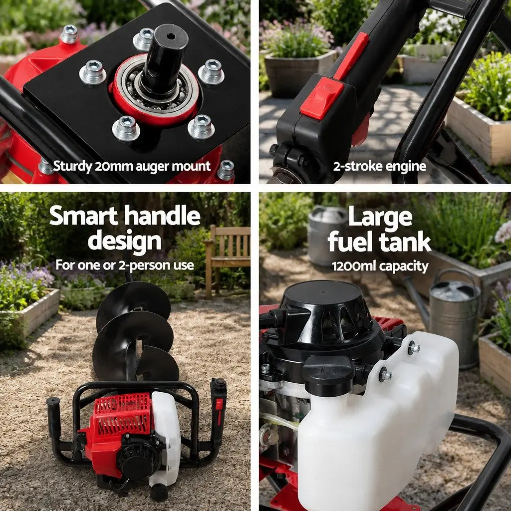 Post Hole Digger Petrol Power Auger 63cc 300mm Extension Red Black