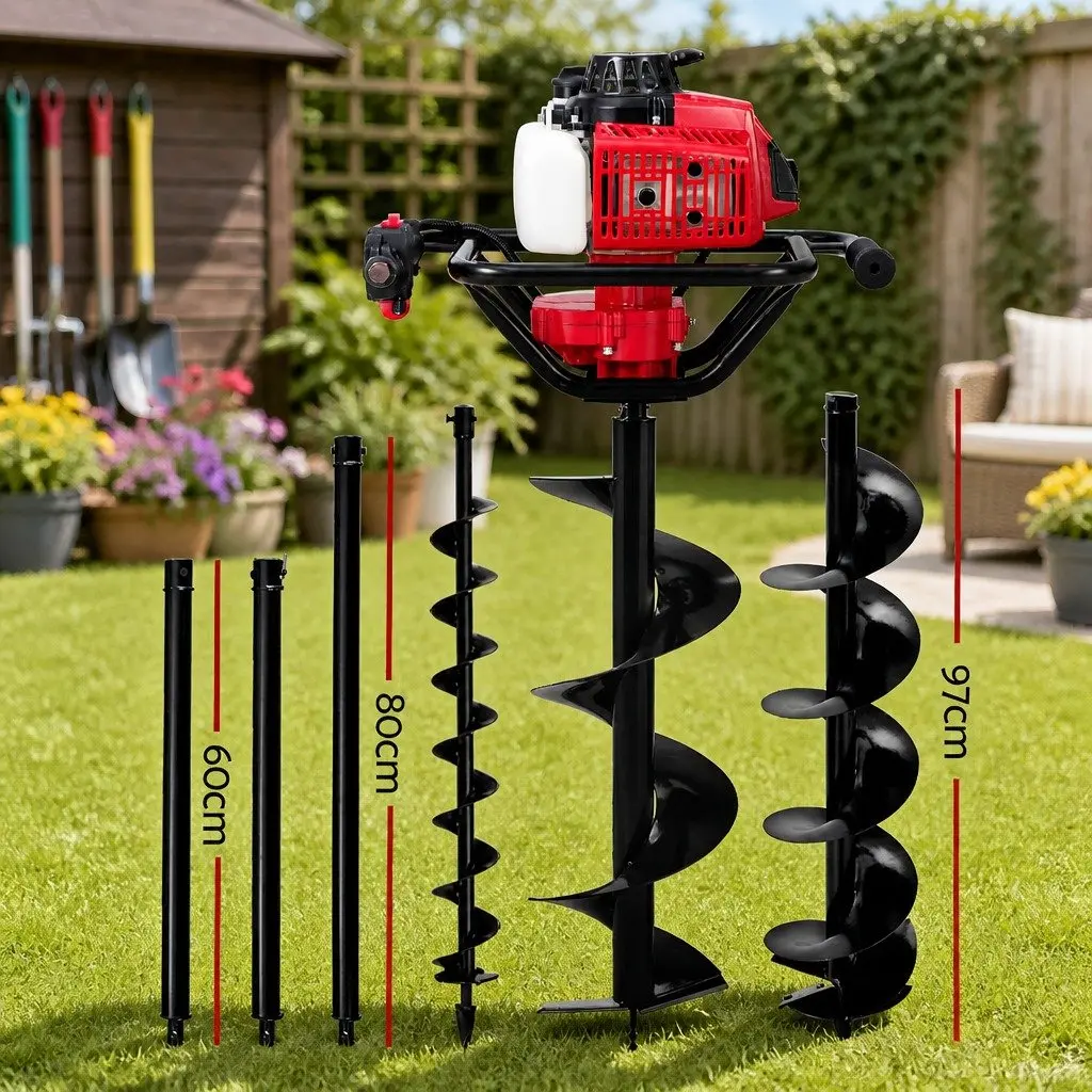 Petrol Post Hole Digger 63cc Engine Auger Extensions Kit Red Black