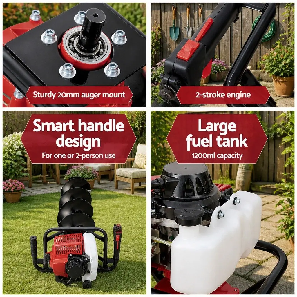Petrol Post Hole Digger 63cc Engine Auger Extensions Kit Red Black