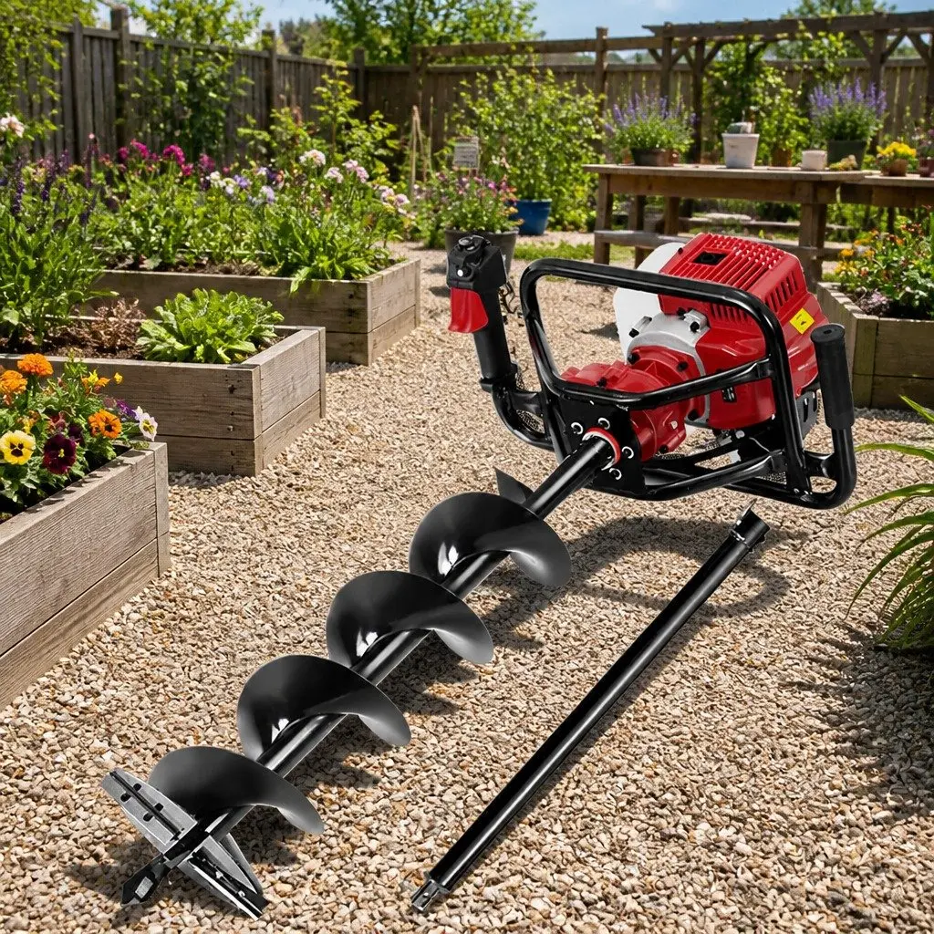 Post Hole Digger 65cc Petrol Auger Borer 200mm with 80cm Extension Red Black