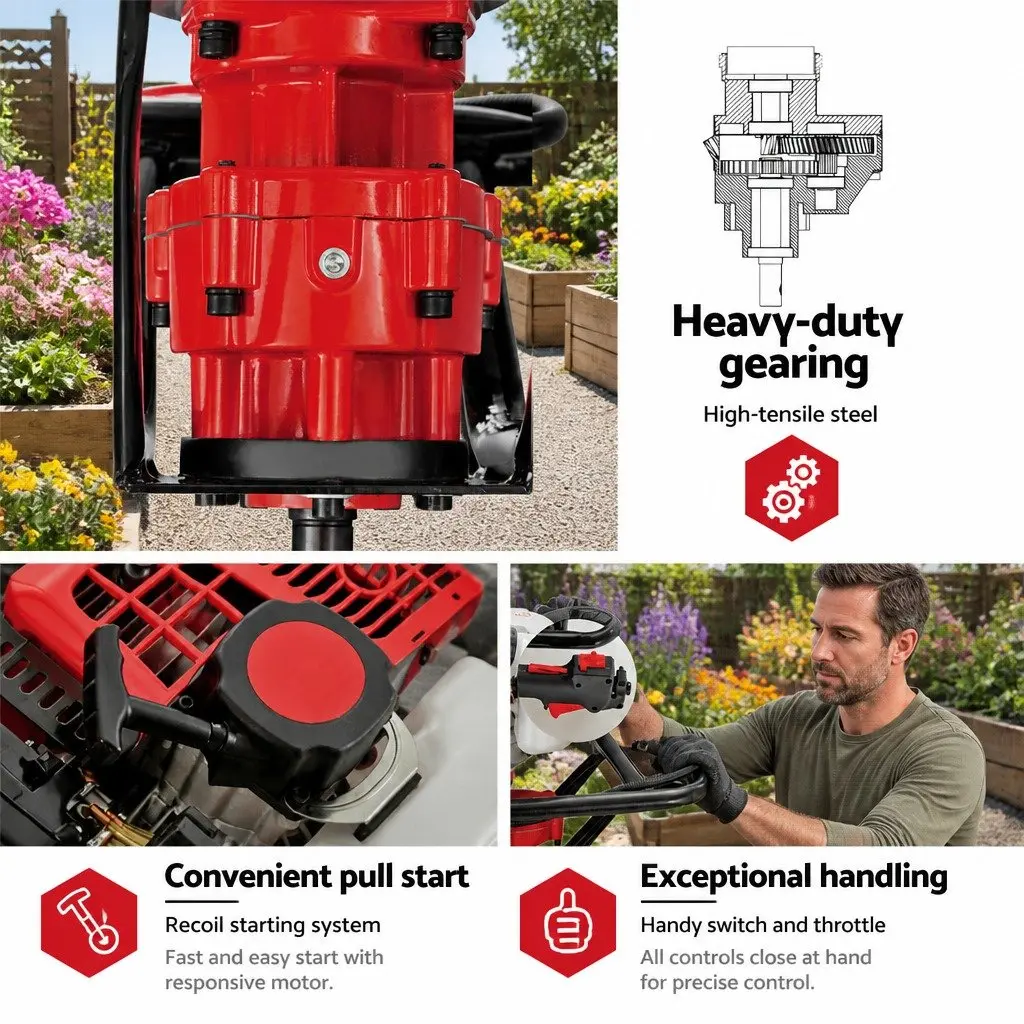 Post Hole Digger 65cc Petrol Auger Borer 200mm with 80cm Extension Red Black