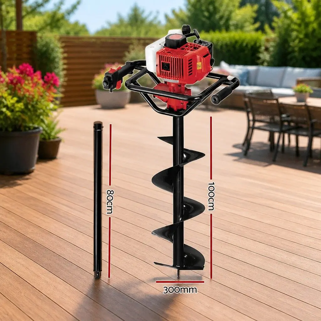 Post Hole Digger Petrol Auger 65CC 300mm Red Black