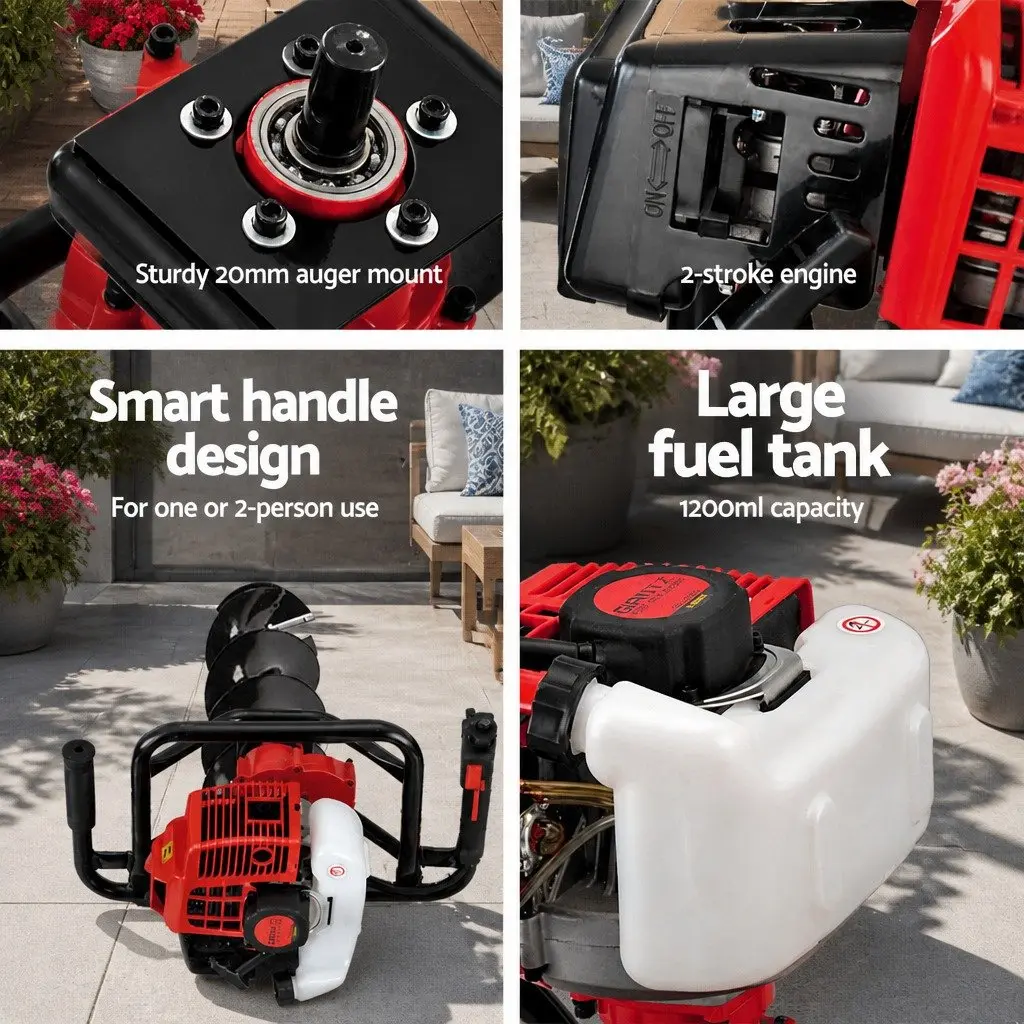 Post Hole Digger Petrol Auger 65CC 300mm Red Black
