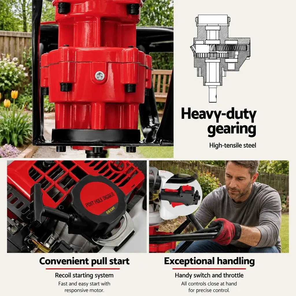 65CC Petrol Post Hole Digger Auger Borer Extension Shaft 100mm 200mm 300mm Red Black