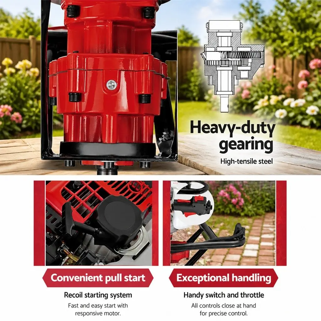 Petrol Post Hole Digger 65cc 2-Stroke Engine Red and Black