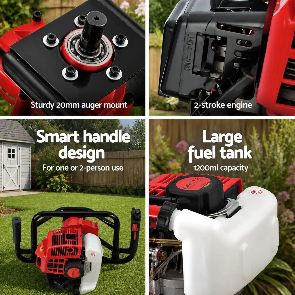 Petrol Post Hole Digger 65cc 2-Stroke Engine Red and Black