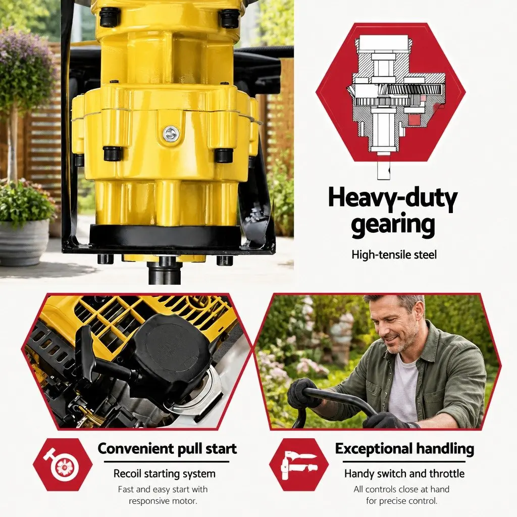Post Hole Digger Motor Engine 65cc Petrol Gearbox Power Tool Yellow