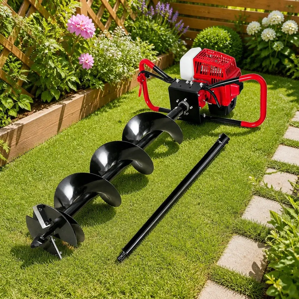 Post Hole Digger Petrol Auger Drill 200mm 63cc Engine Red Black