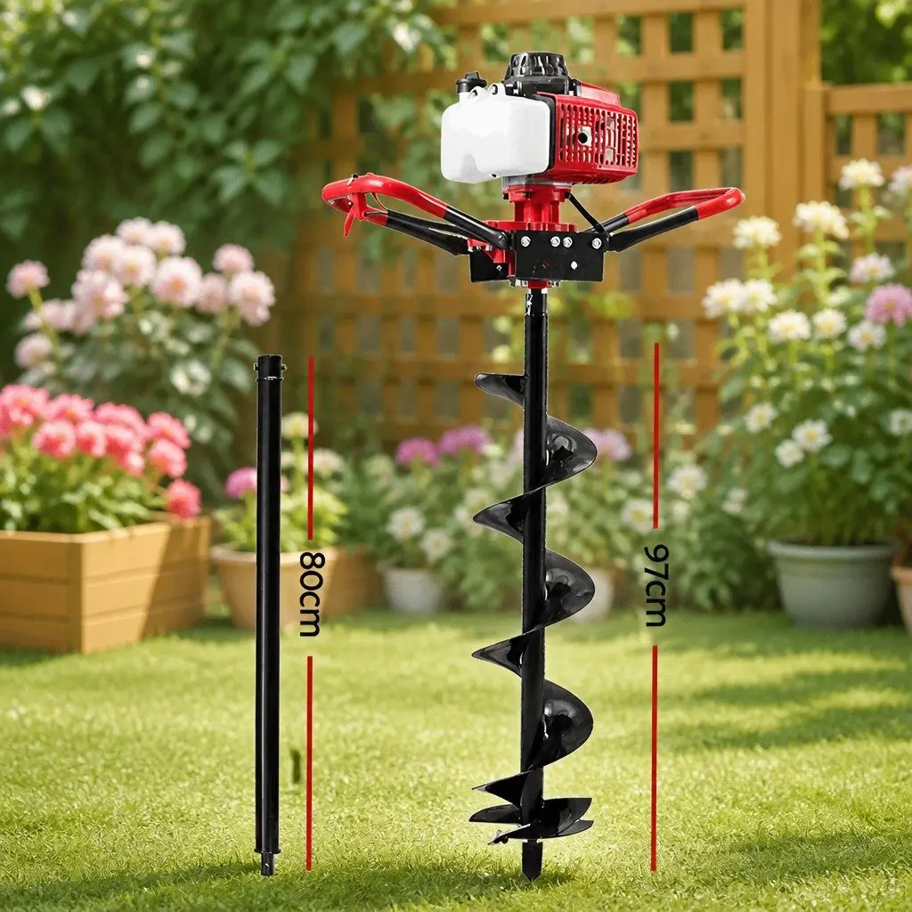 Post Hole Digger Petrol Auger Drill 200mm 63cc Engine Red Black
