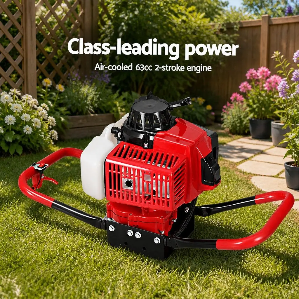 Post Hole Digger Petrol Auger Drill 200mm 63cc Engine Red Black