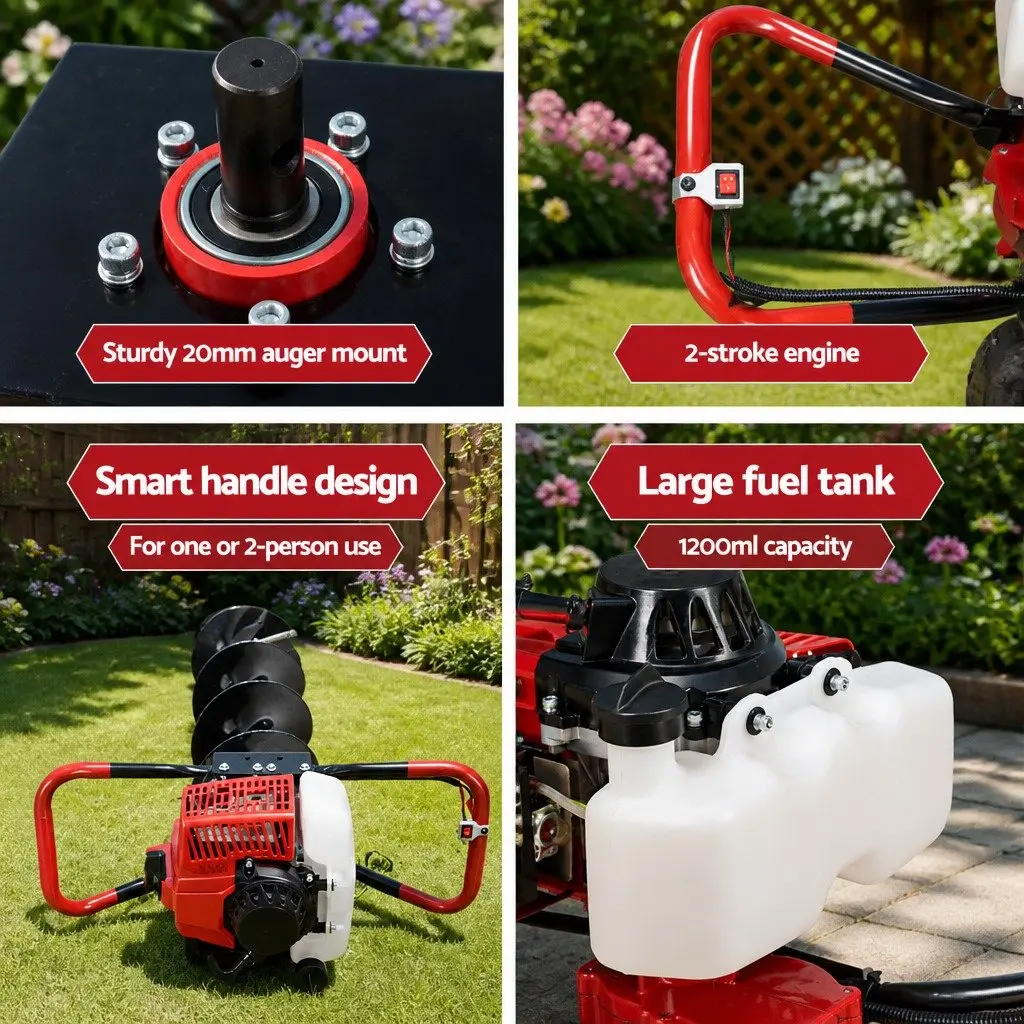 Post Hole Digger Petrol Auger Drill 200mm 63cc Engine Red Black